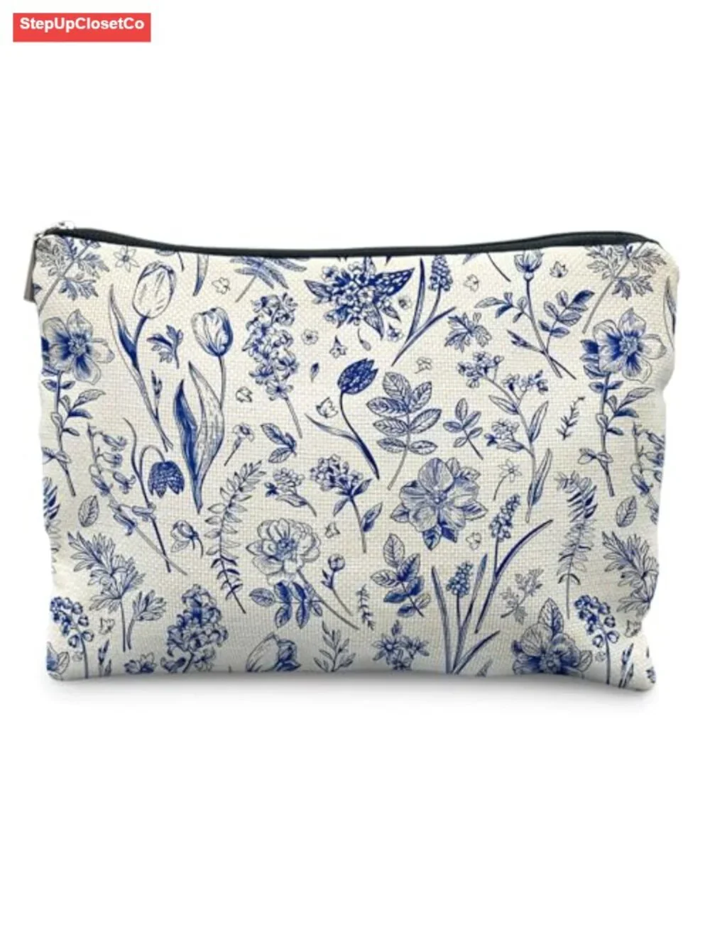 Linen Cosmetic Bag with Zipper - Floral Makeup Organizer for Women